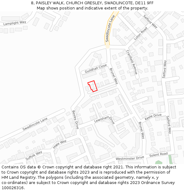 8, PAISLEY WALK, CHURCH GRESLEY, SWADLINCOTE, DE11 9FF: Location map and indicative extent of plot