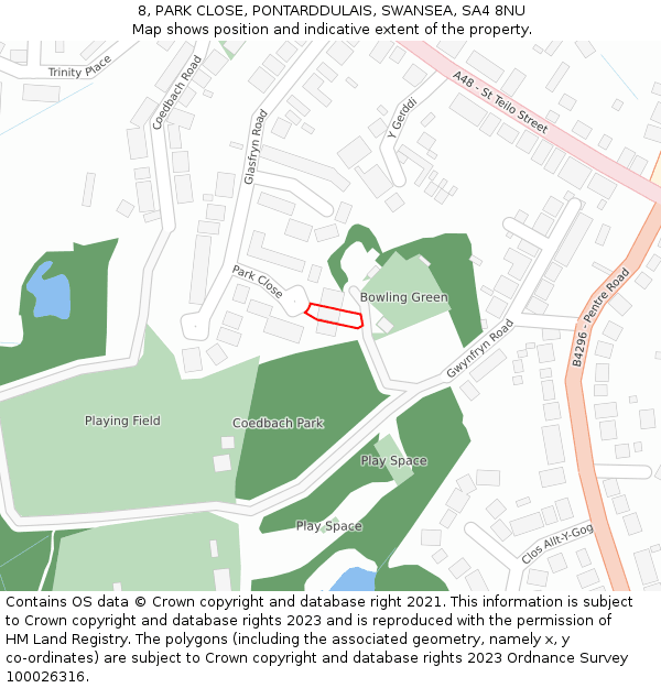 8, PARK CLOSE, PONTARDDULAIS, SWANSEA, SA4 8NU: Location map and indicative extent of plot