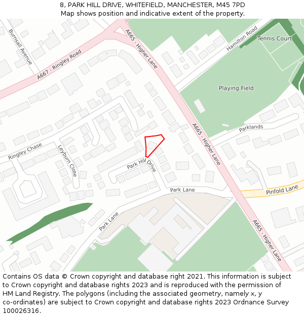 8, PARK HILL DRIVE, WHITEFIELD, MANCHESTER, M45 7PD: Location map and indicative extent of plot