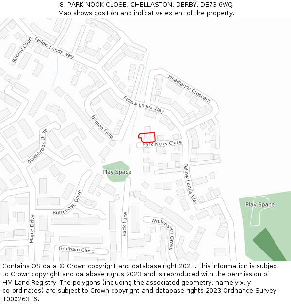 8, PARK NOOK CLOSE, CHELLASTON, DERBY, DE73 6WQ: Location map and indicative extent of plot