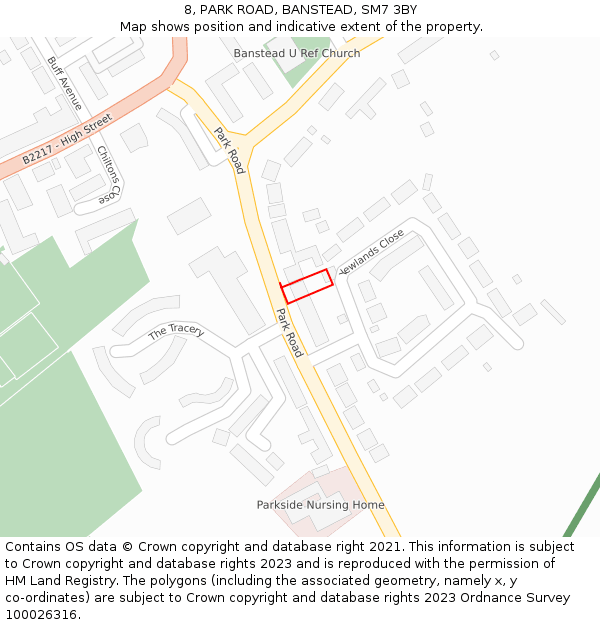 8, PARK ROAD, BANSTEAD, SM7 3BY: Location map and indicative extent of plot