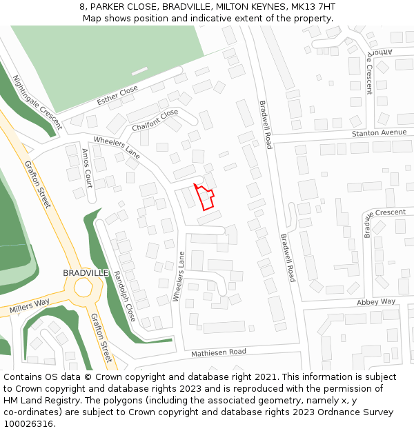 8, PARKER CLOSE, BRADVILLE, MILTON KEYNES, MK13 7HT: Location map and indicative extent of plot