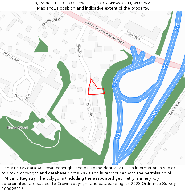 8, PARKFIELD, CHORLEYWOOD, RICKMANSWORTH, WD3 5AY: Location map and indicative extent of plot