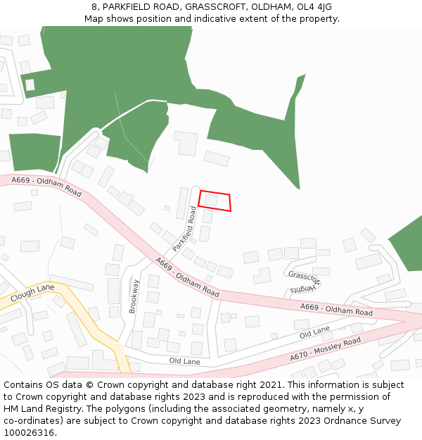 8, PARKFIELD ROAD, GRASSCROFT, OLDHAM, OL4 4JG: Location map and indicative extent of plot