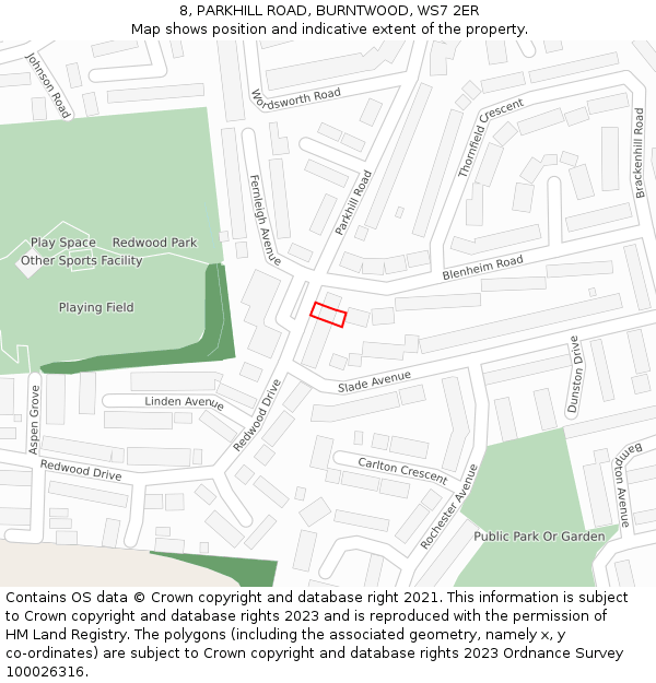 8, PARKHILL ROAD, BURNTWOOD, WS7 2ER: Location map and indicative extent of plot