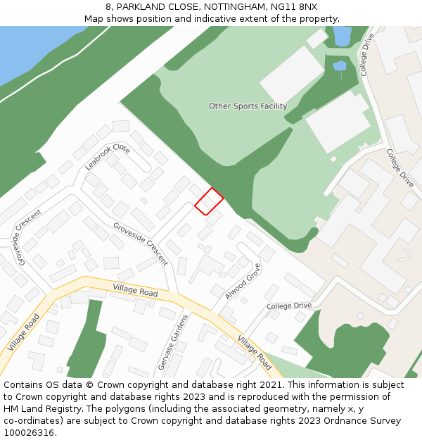 8, PARKLAND CLOSE, NOTTINGHAM, NG11 8NX: Location map and indicative extent of plot