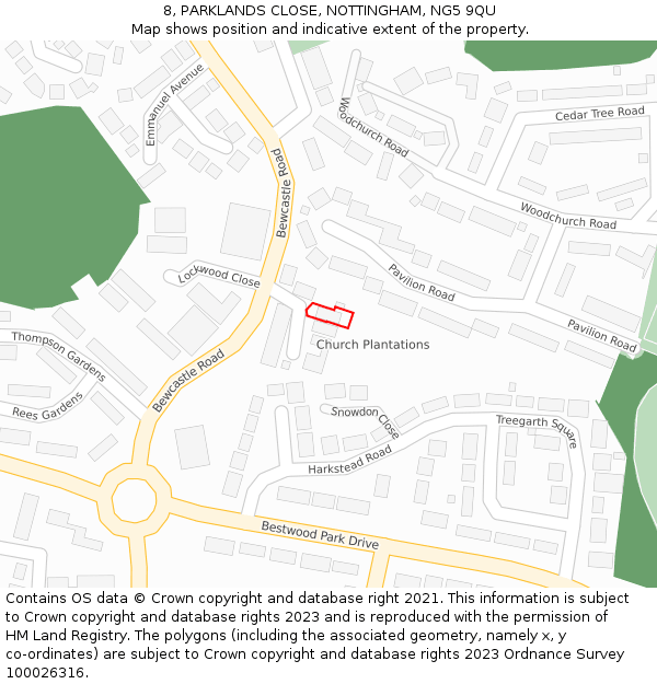 8, PARKLANDS CLOSE, NOTTINGHAM, NG5 9QU: Location map and indicative extent of plot