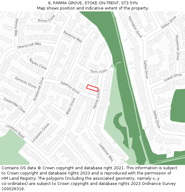 8, PARMA GROVE, STOKE-ON-TRENT, ST3 5YN: Location map and indicative extent of plot