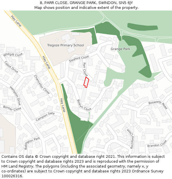 8, PARR CLOSE, GRANGE PARK, SWINDON, SN5 6JY: Location map and indicative extent of plot