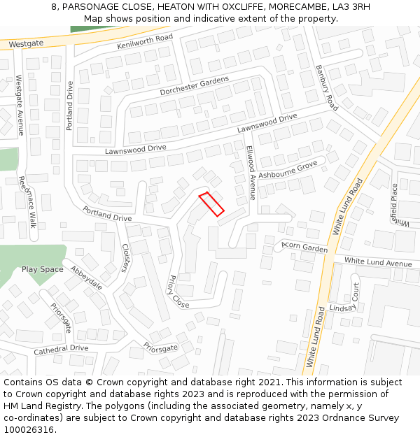 8, PARSONAGE CLOSE, HEATON WITH OXCLIFFE, MORECAMBE, LA3 3RH: Location map and indicative extent of plot