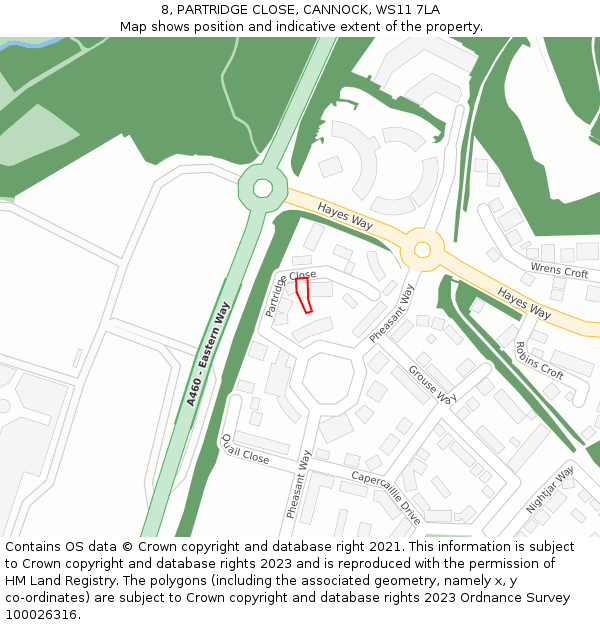 8, PARTRIDGE CLOSE, CANNOCK, WS11 7LA: Location map and indicative extent of plot