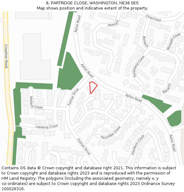 8, PARTRIDGE CLOSE, WASHINGTON, NE38 0ES: Location map and indicative extent of plot