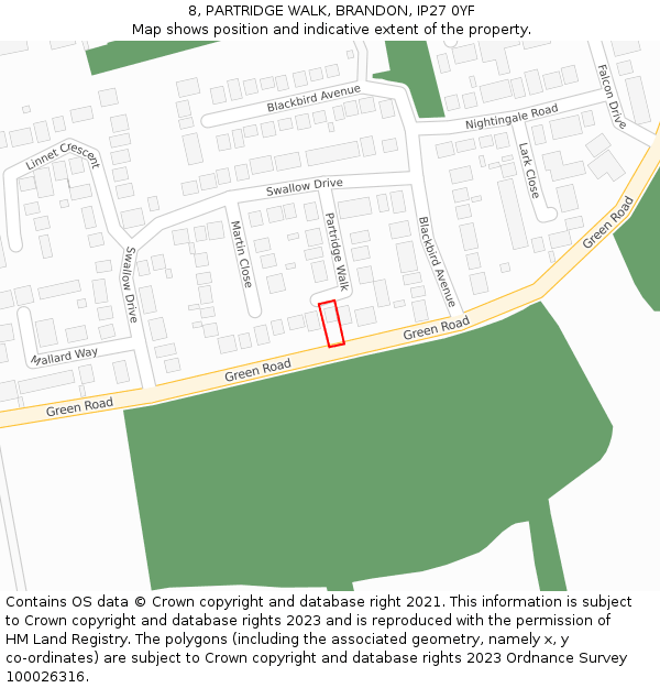 8, PARTRIDGE WALK, BRANDON, IP27 0YF: Location map and indicative extent of plot