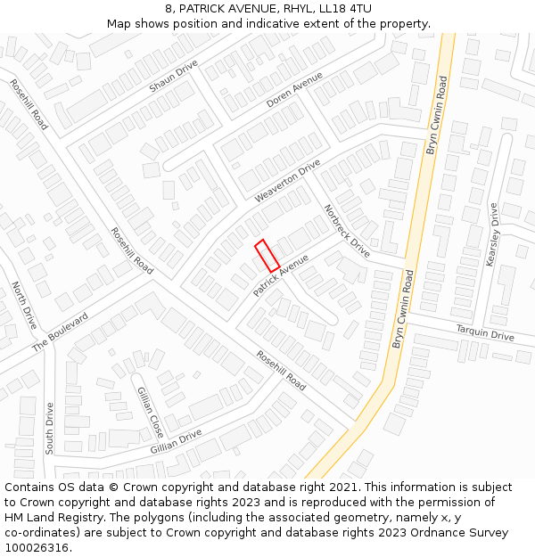 8, PATRICK AVENUE, RHYL, LL18 4TU: Location map and indicative extent of plot