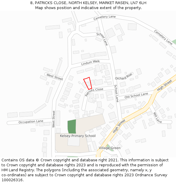 8, PATRICKS CLOSE, NORTH KELSEY, MARKET RASEN, LN7 6LH: Location map and indicative extent of plot