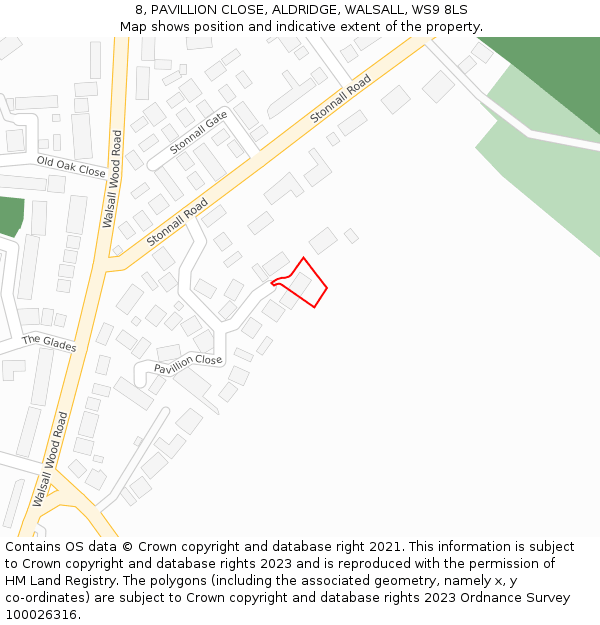 8, PAVILLION CLOSE, ALDRIDGE, WALSALL, WS9 8LS: Location map and indicative extent of plot