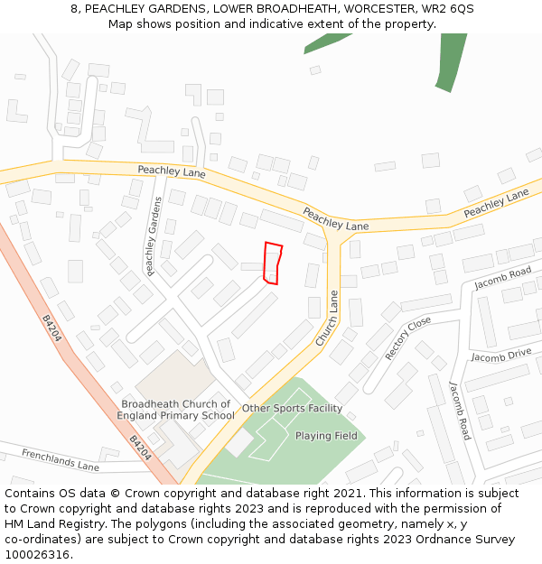 8, PEACHLEY GARDENS, LOWER BROADHEATH, WORCESTER, WR2 6QS: Location map and indicative extent of plot