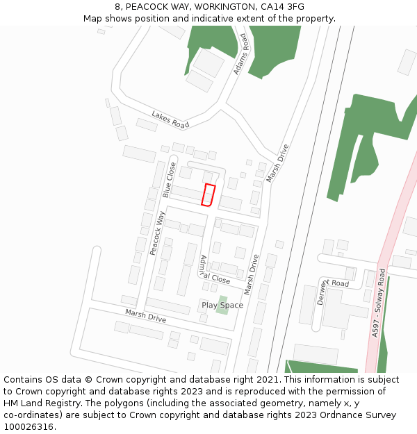 8, PEACOCK WAY, WORKINGTON, CA14 3FG: Location map and indicative extent of plot