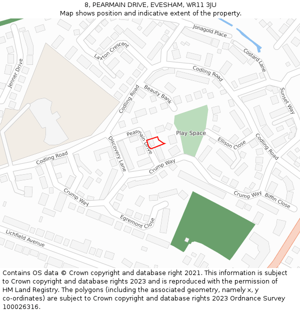 8, PEARMAIN DRIVE, EVESHAM, WR11 3JU: Location map and indicative extent of plot