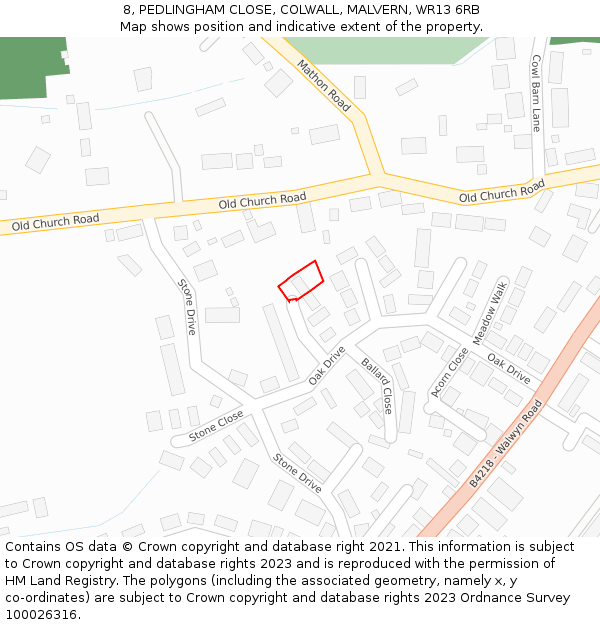 8, PEDLINGHAM CLOSE, COLWALL, MALVERN, WR13 6RB: Location map and indicative extent of plot