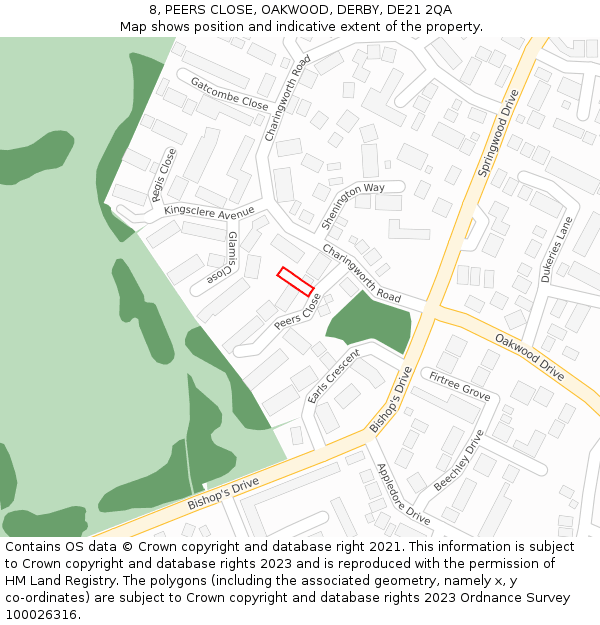 8, PEERS CLOSE, OAKWOOD, DERBY, DE21 2QA: Location map and indicative extent of plot
