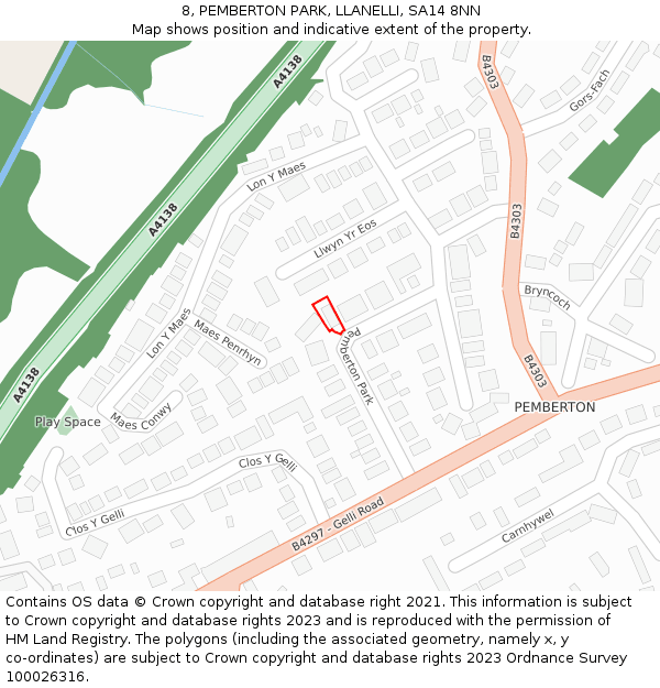 8, PEMBERTON PARK, LLANELLI, SA14 8NN: Location map and indicative extent of plot