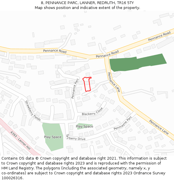 8, PENNANCE PARC, LANNER, REDRUTH, TR16 5TY: Location map and indicative extent of plot