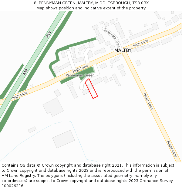 8, PENNYMAN GREEN, MALTBY, MIDDLESBROUGH, TS8 0BX: Location map and indicative extent of plot