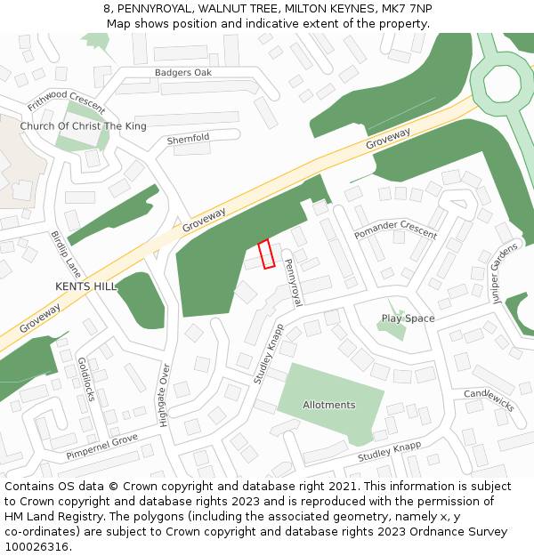 8, PENNYROYAL, WALNUT TREE, MILTON KEYNES, MK7 7NP: Location map and indicative extent of plot