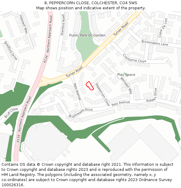 8, PEPPERCORN CLOSE, COLCHESTER, CO4 5WS: Location map and indicative extent of plot