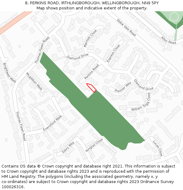 8, PERKINS ROAD, IRTHLINGBOROUGH, WELLINGBOROUGH, NN9 5PY: Location map and indicative extent of plot