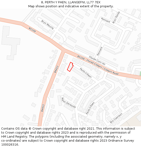8, PERTH Y PAEN, LLANGEFNI, LL77 7EX: Location map and indicative extent of plot