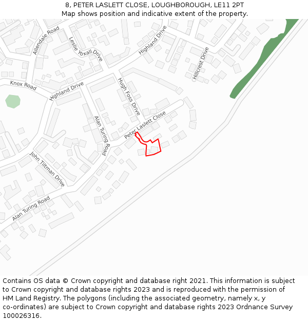 8, PETER LASLETT CLOSE, LOUGHBOROUGH, LE11 2PT: Location map and indicative extent of plot