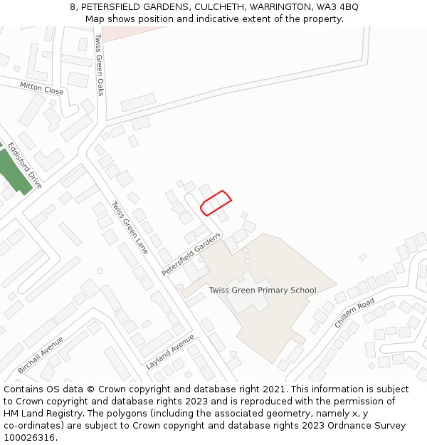 8, PETERSFIELD GARDENS, CULCHETH, WARRINGTON, WA3 4BQ: Location map and indicative extent of plot