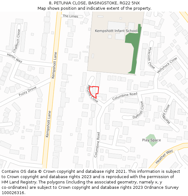 8, PETUNIA CLOSE, BASINGSTOKE, RG22 5NX: Location map and indicative extent of plot