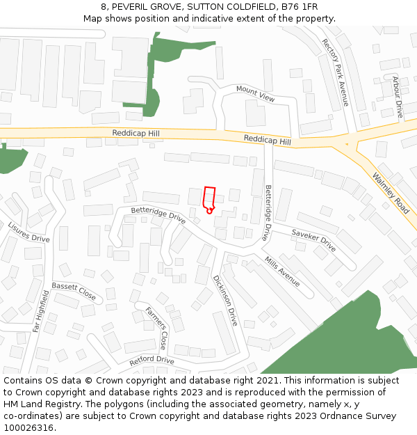 8, PEVERIL GROVE, SUTTON COLDFIELD, B76 1FR: Location map and indicative extent of plot