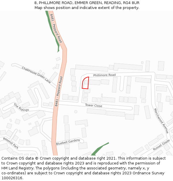 8, PHILLIMORE ROAD, EMMER GREEN, READING, RG4 8UR: Location map and indicative extent of plot