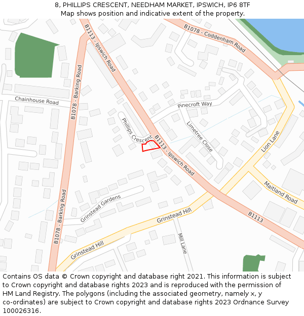 8, PHILLIPS CRESCENT, NEEDHAM MARKET, IPSWICH, IP6 8TF: Location map and indicative extent of plot