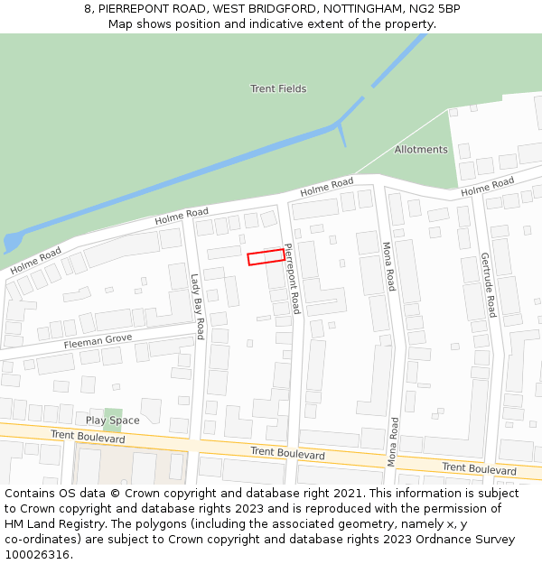 8, PIERREPONT ROAD, WEST BRIDGFORD, NOTTINGHAM, NG2 5BP: Location map and indicative extent of plot