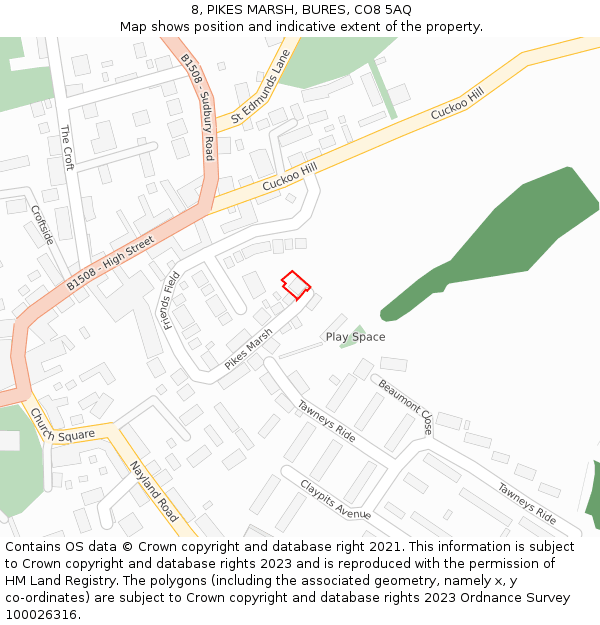 8, PIKES MARSH, BURES, CO8 5AQ: Location map and indicative extent of plot