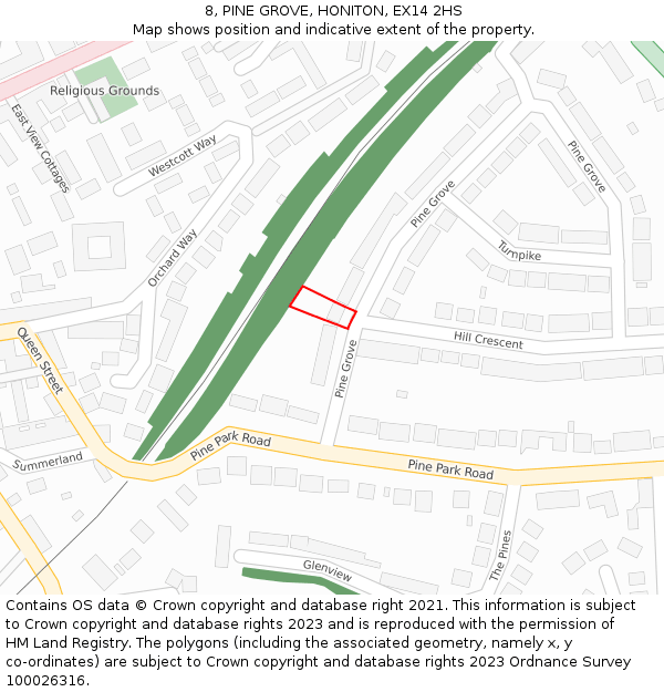 8, PINE GROVE, HONITON, EX14 2HS: Location map and indicative extent of plot