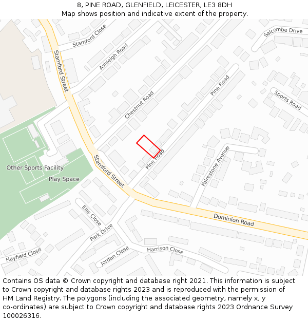 8, PINE ROAD, GLENFIELD, LEICESTER, LE3 8DH: Location map and indicative extent of plot