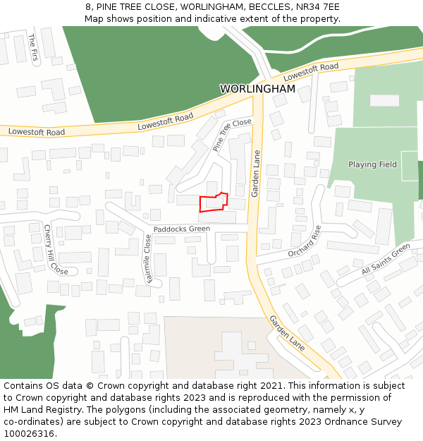 8, PINE TREE CLOSE, WORLINGHAM, BECCLES, NR34 7EE: Location map and indicative extent of plot