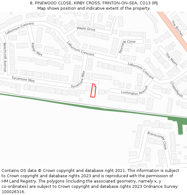 8, PINEWOOD CLOSE, KIRBY CROSS, FRINTON-ON-SEA, CO13 0RJ: Location map and indicative extent of plot