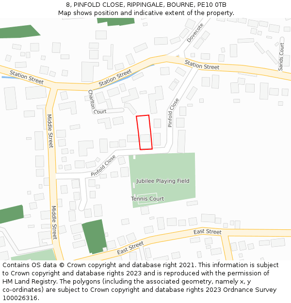 8, PINFOLD CLOSE, RIPPINGALE, BOURNE, PE10 0TB: Location map and indicative extent of plot