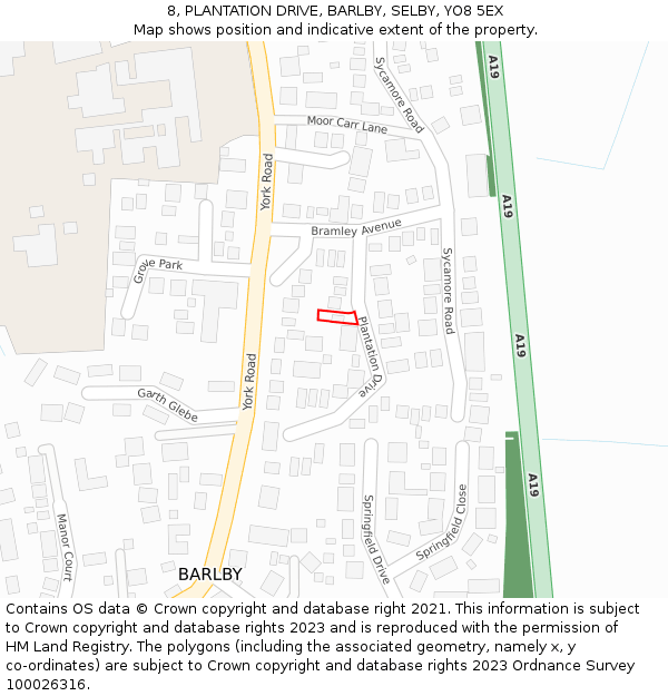 8, PLANTATION DRIVE, BARLBY, SELBY, YO8 5EX: Location map and indicative extent of plot