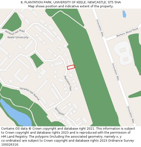 8, PLANTATION PARK, UNIVERSITY OF KEELE, NEWCASTLE, ST5 5NA: Location map and indicative extent of plot