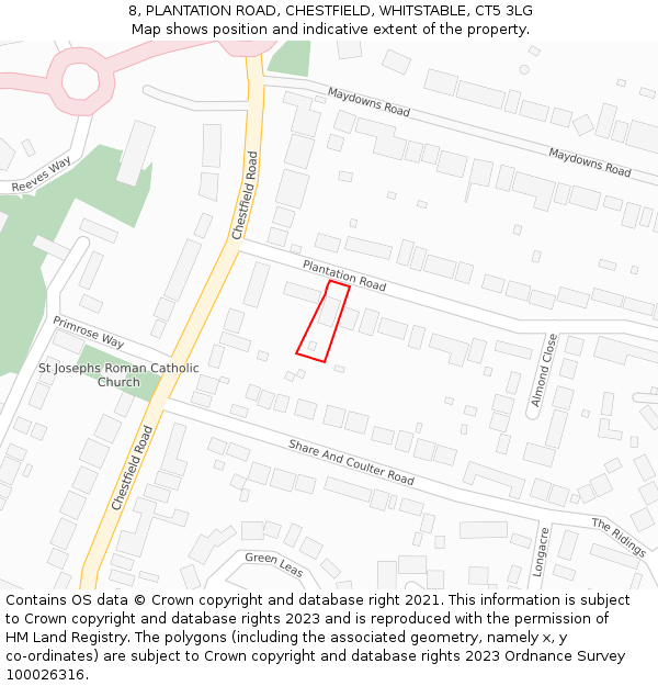 8, PLANTATION ROAD, CHESTFIELD, WHITSTABLE, CT5 3LG: Location map and indicative extent of plot