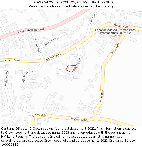 8, PLAS GWILYM, OLD COLWYN, COLWYN BAY, LL29 9HD: Location map and indicative extent of plot