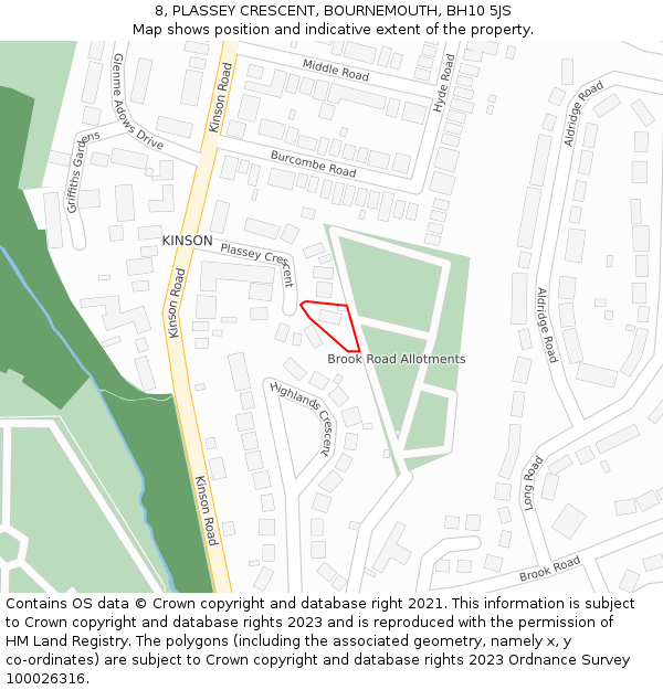 8, PLASSEY CRESCENT, BOURNEMOUTH, BH10 5JS: Location map and indicative extent of plot